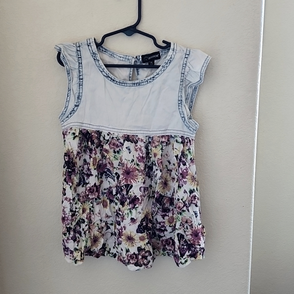 Jordache girl's floral ruffle cap sleeve denim top, size 7/8
